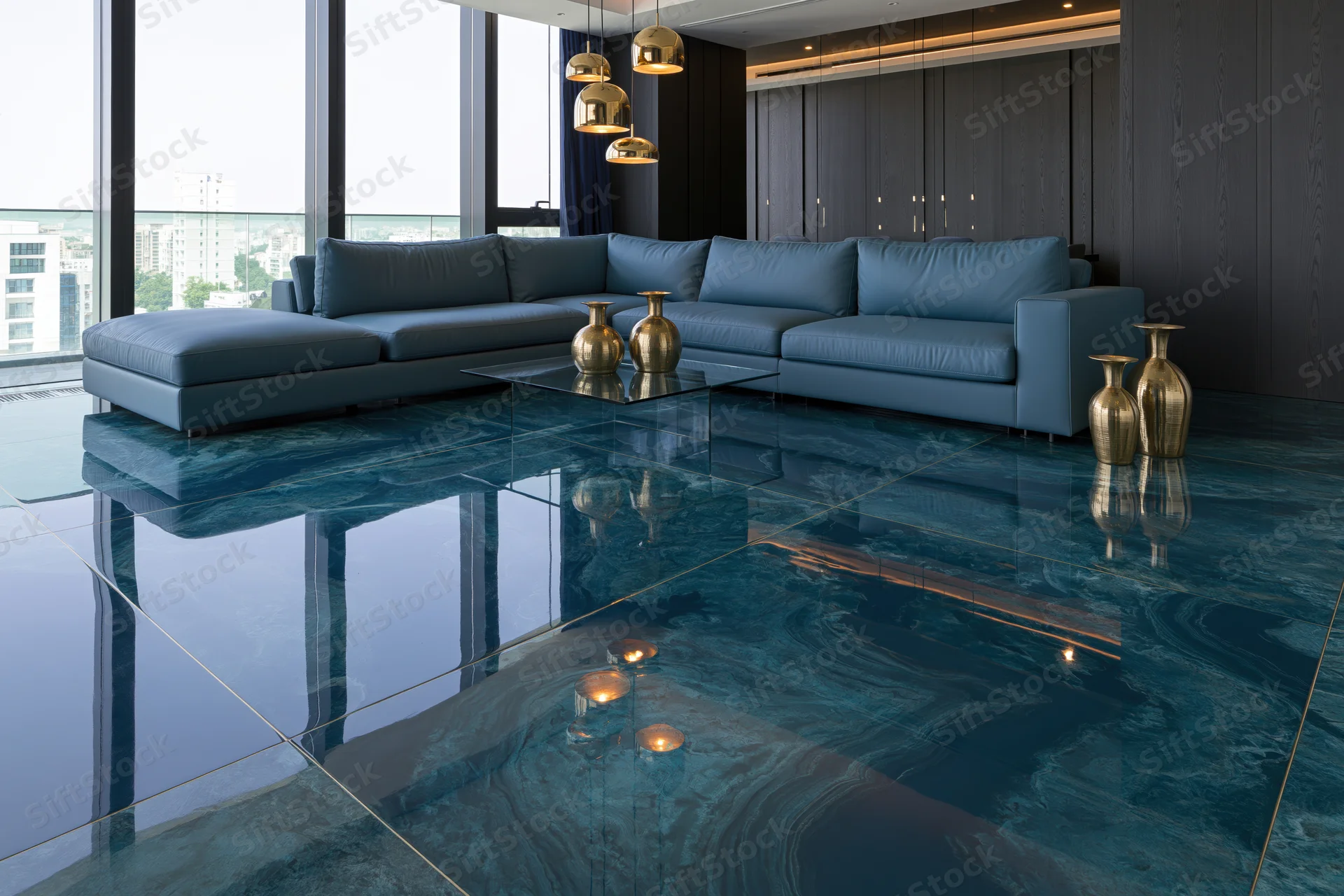 Modern luxury living room with glossy epoxy resin floor and blue sectional sofa near large windows overlooking city