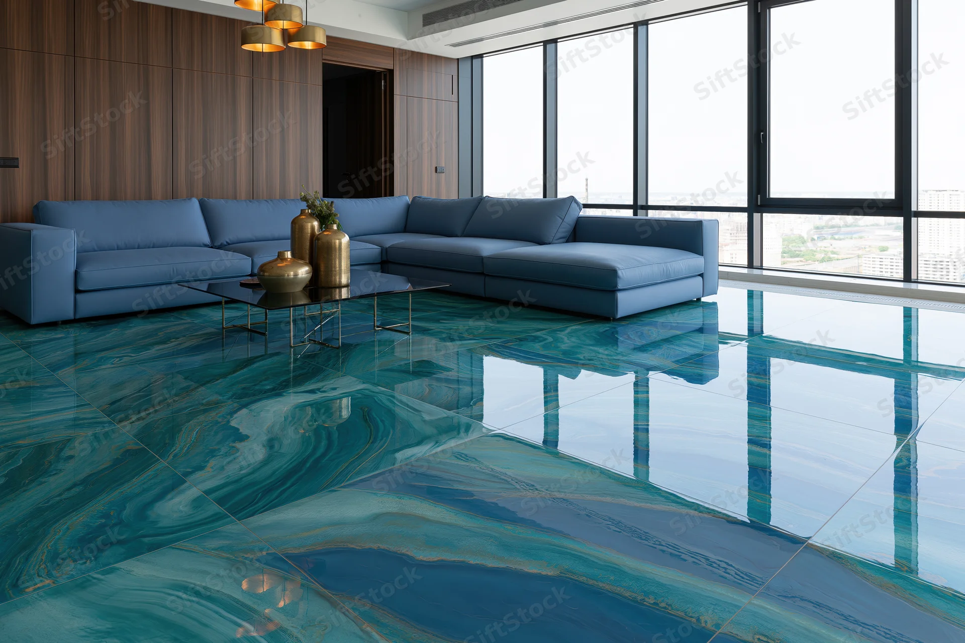 Modern luxury living room with glossy blue epoxy resin floor and sectional sofa near large windows overlooking city