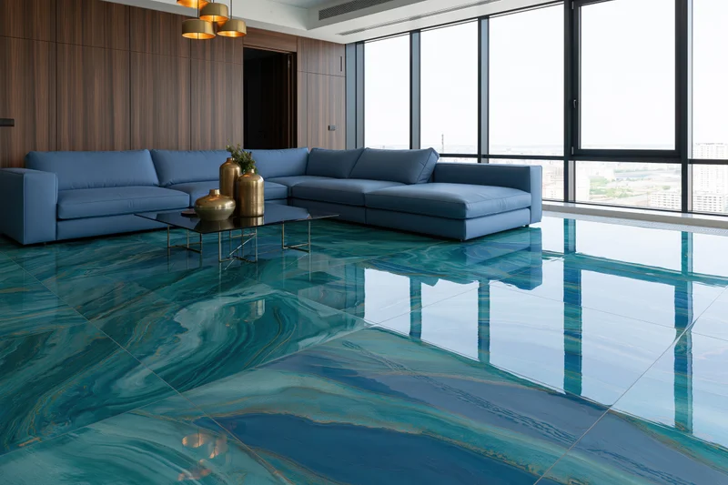 Modern luxury living room with glossy blue epoxy resin floor and sectional sofa near large windows overlooking city