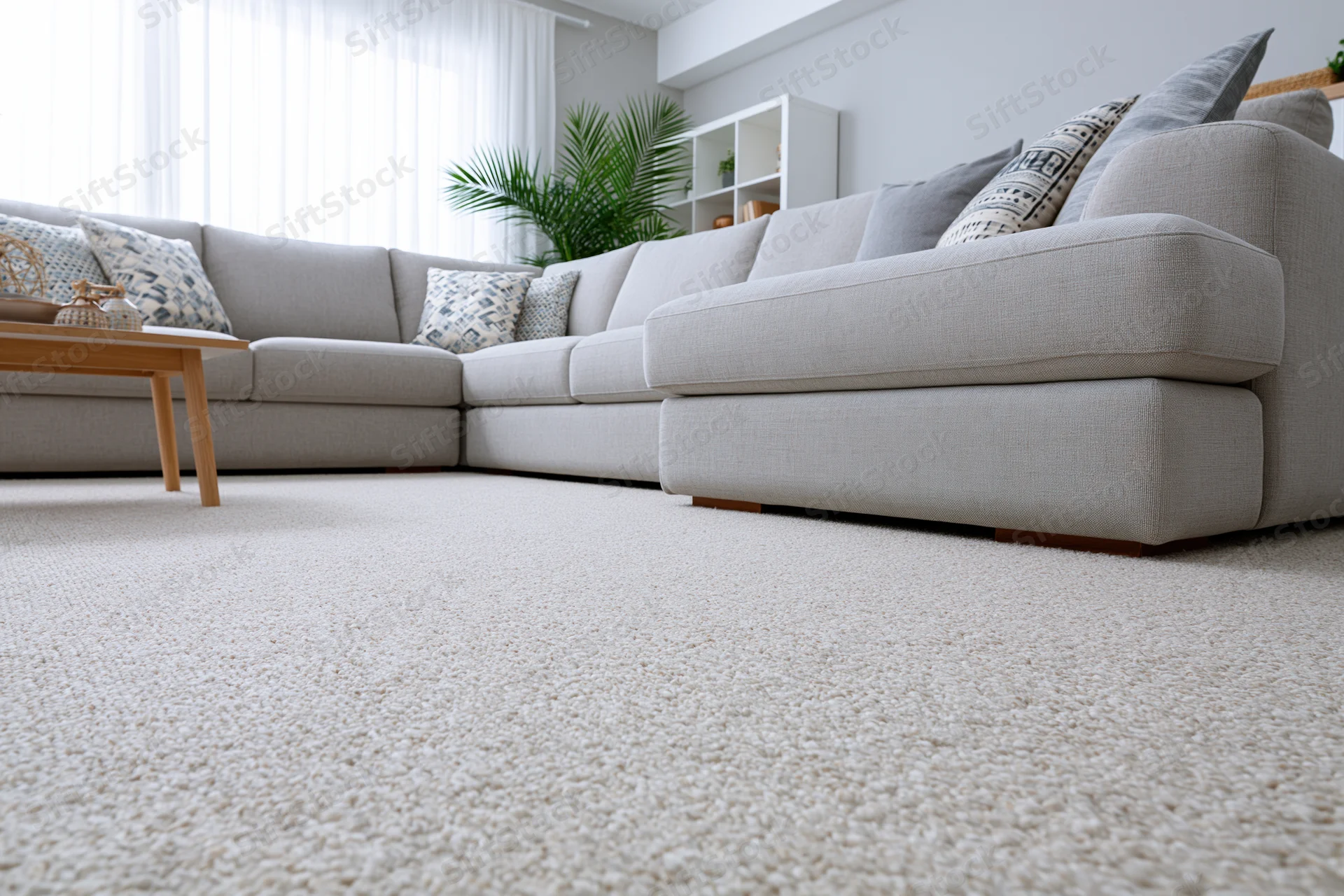 Low angle view of a beige sectional sofa in a modern minimalist living room with carpet and natural light