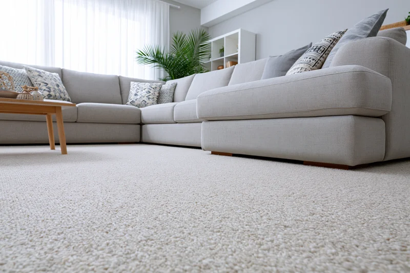 Low angle view of a beige sectional sofa in a modern minimalist living room with carpet and natural light