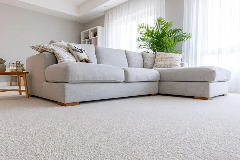 Low-angle view of a modern minimalist living room with a light gray sectional sofa, white carpet, and sheer curtains over a window, featuring decorative pillows and a potted palm plant