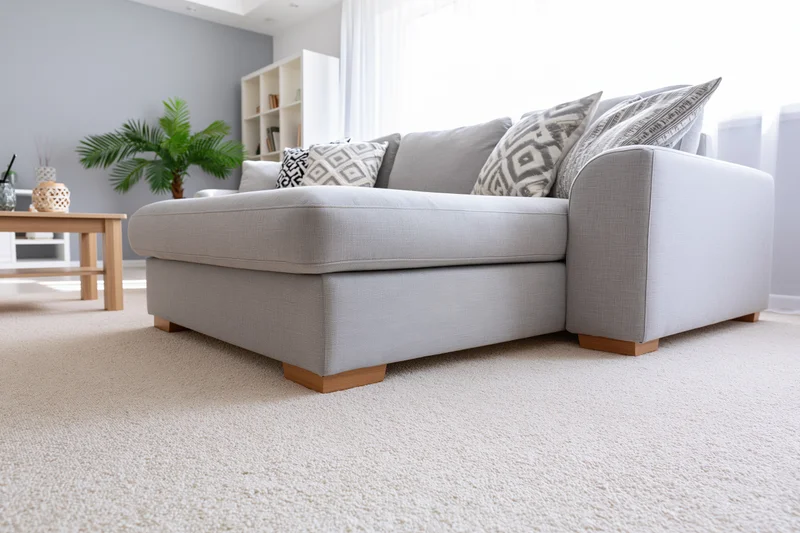 Gray sofa with patterned cushions and wooden legs in a modern minimalist living room with beige carpet and natural light from a window