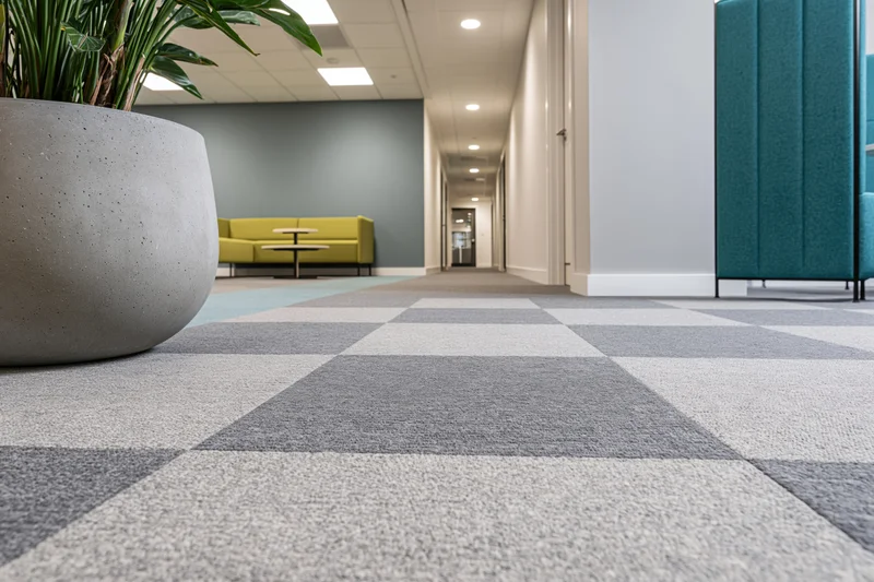 Modern office corridor with patterned carpet tiles and potted plant, viewed from low angle along hallway