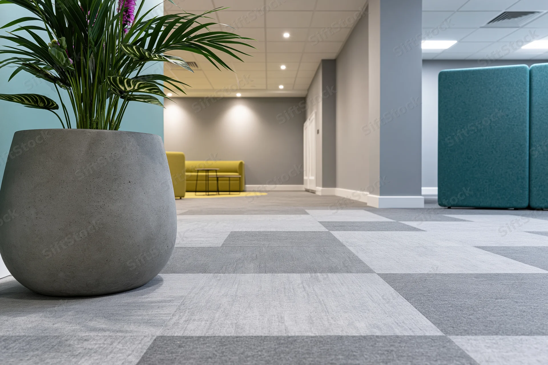 Modern office corridor with patterned carpet tiles and potted plant near yellow sofa and teal partitions