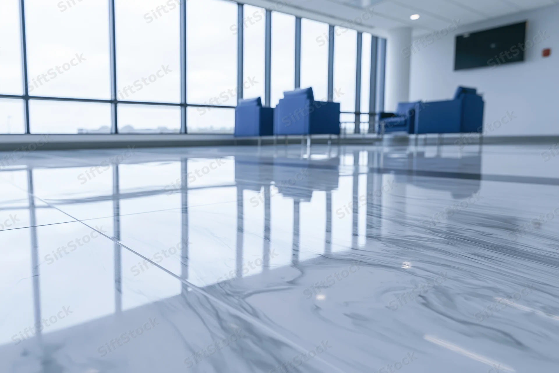 Modern office lobby with glossy epoxy resin floor and blue seating near large windows