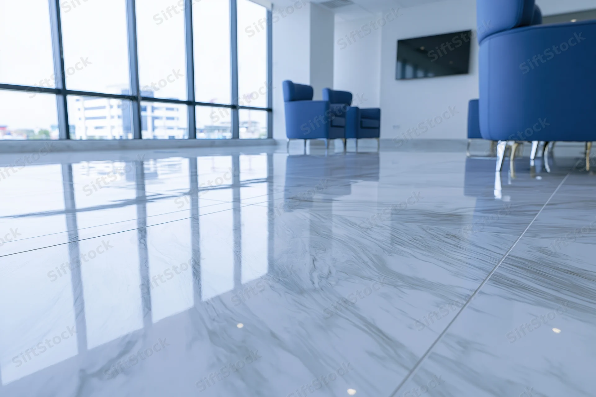 Modern office lobby with glossy epoxy resin floor and blue chairs near large windows