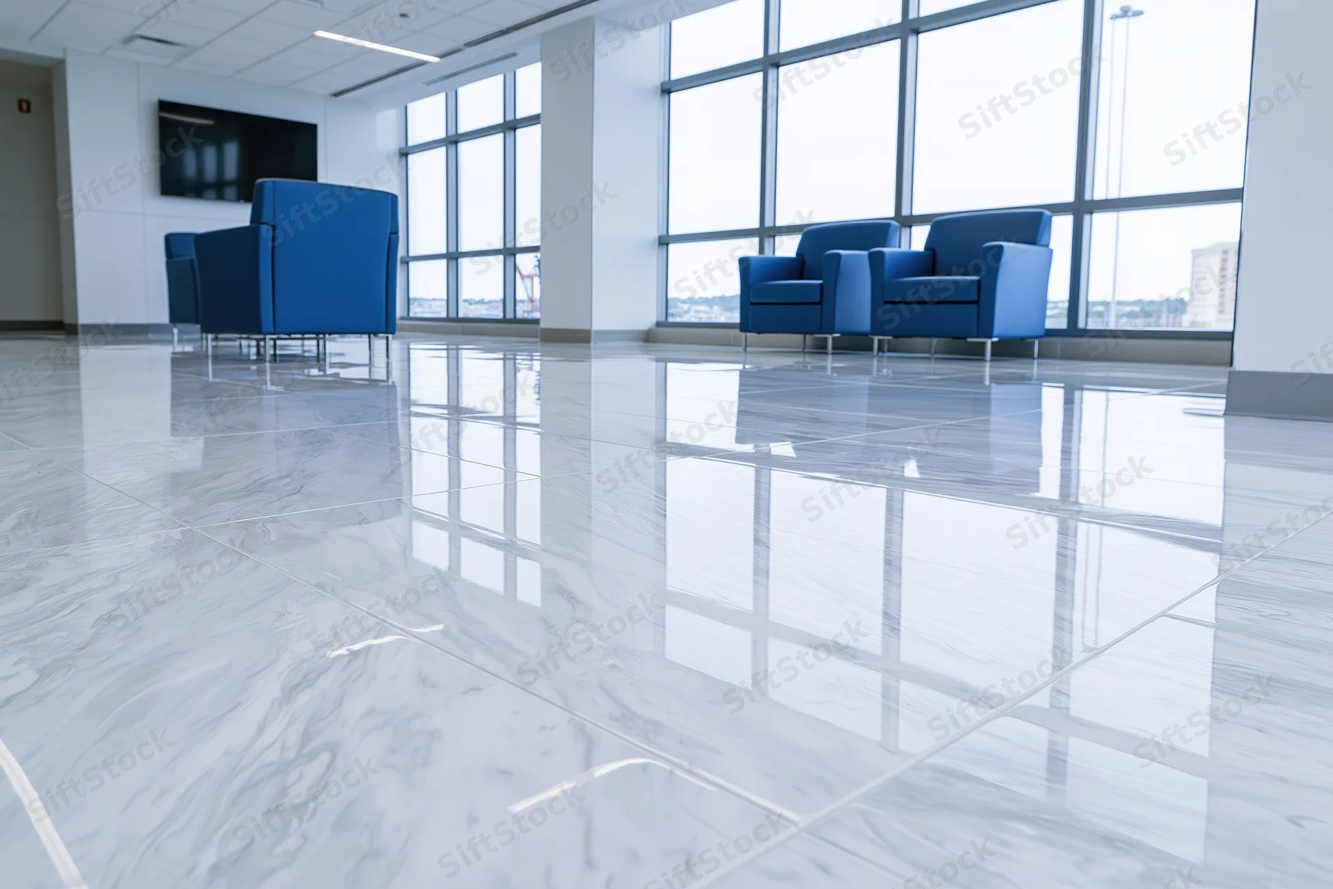 Modern office lobby with glossy epoxy resin floor and blue armchairs near large windows