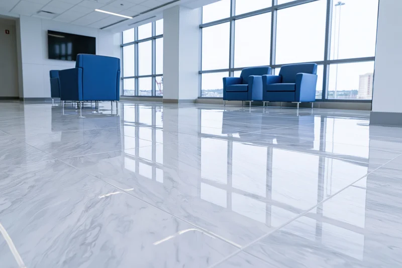 Modern office lobby with glossy epoxy resin floor and blue armchairs near large windows