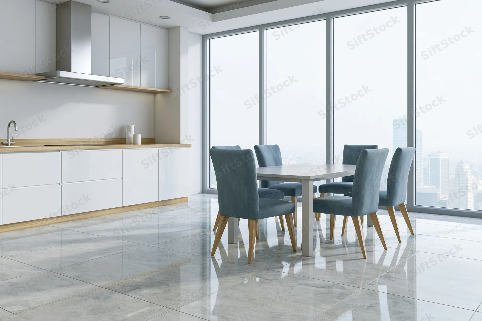 Modern open-plan kitchen and dining area with white cabinetry, wooden countertops, marble flooring, and city view through large windows
