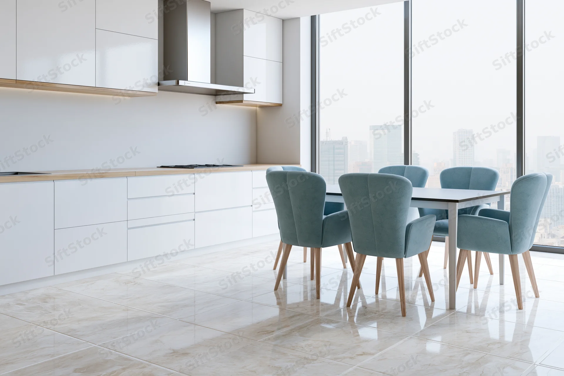 Modern open-plan kitchen and dining area with white cabinetry and teal chairs overlooking city from large windows
