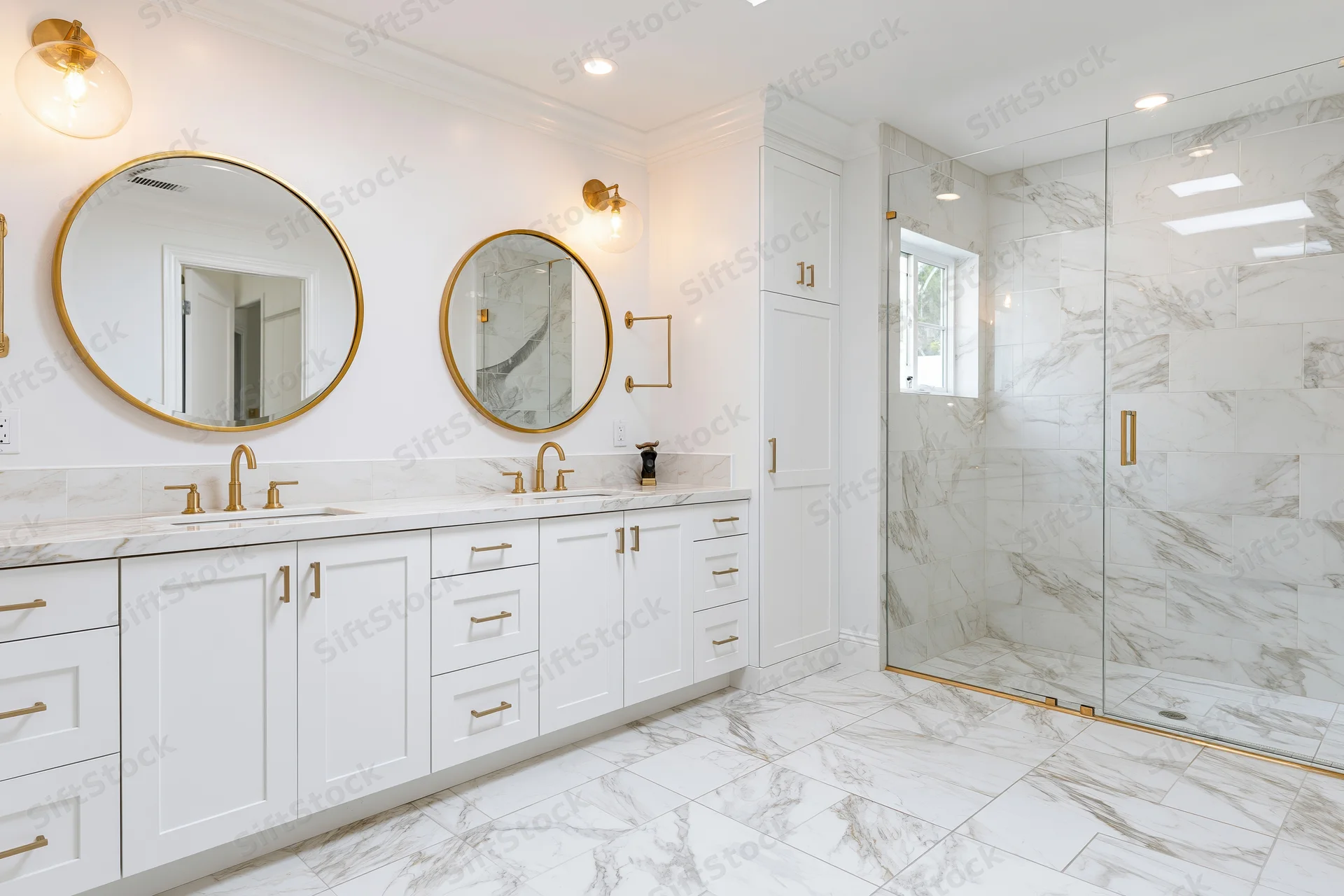 Modern primary bathroom with double vanity and round mirrors above marble countertop featuring gold fixtures and glass shower enclosure