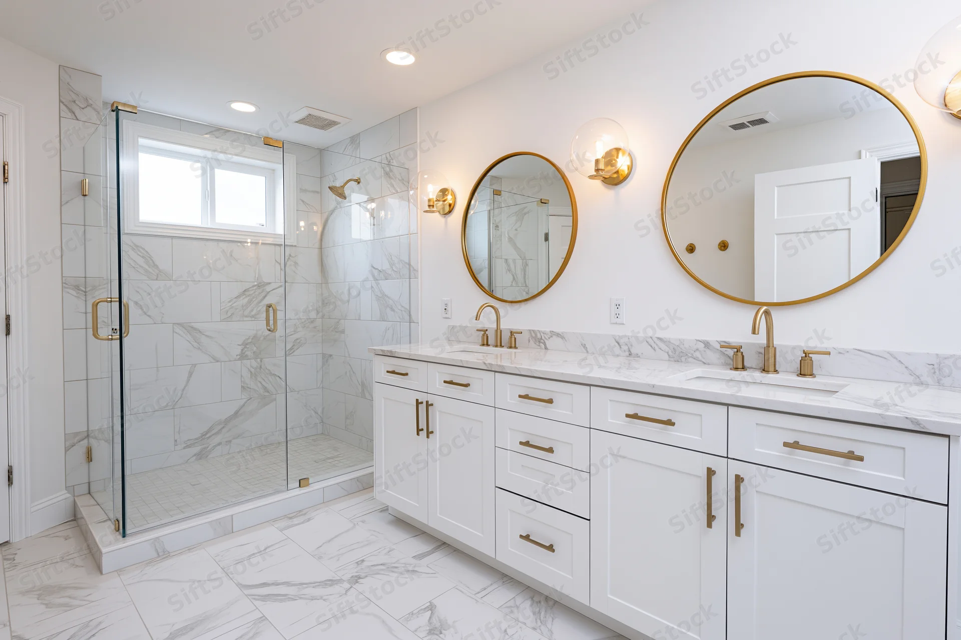 Modern primary bathroom with double vanity and round mirrors above marble countertop