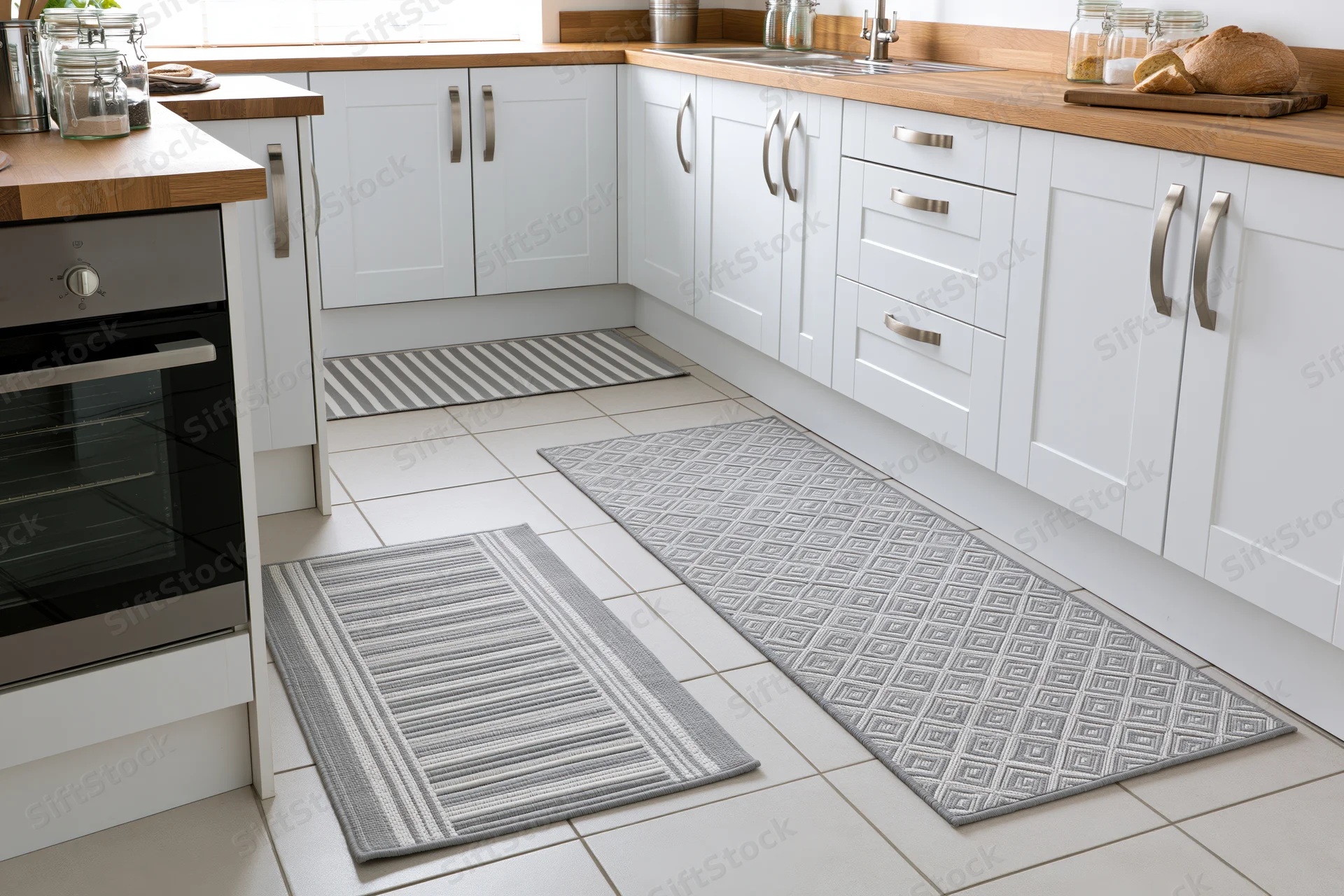 Modern white kitchen with wooden countertops and patterned rugs on tiled floor