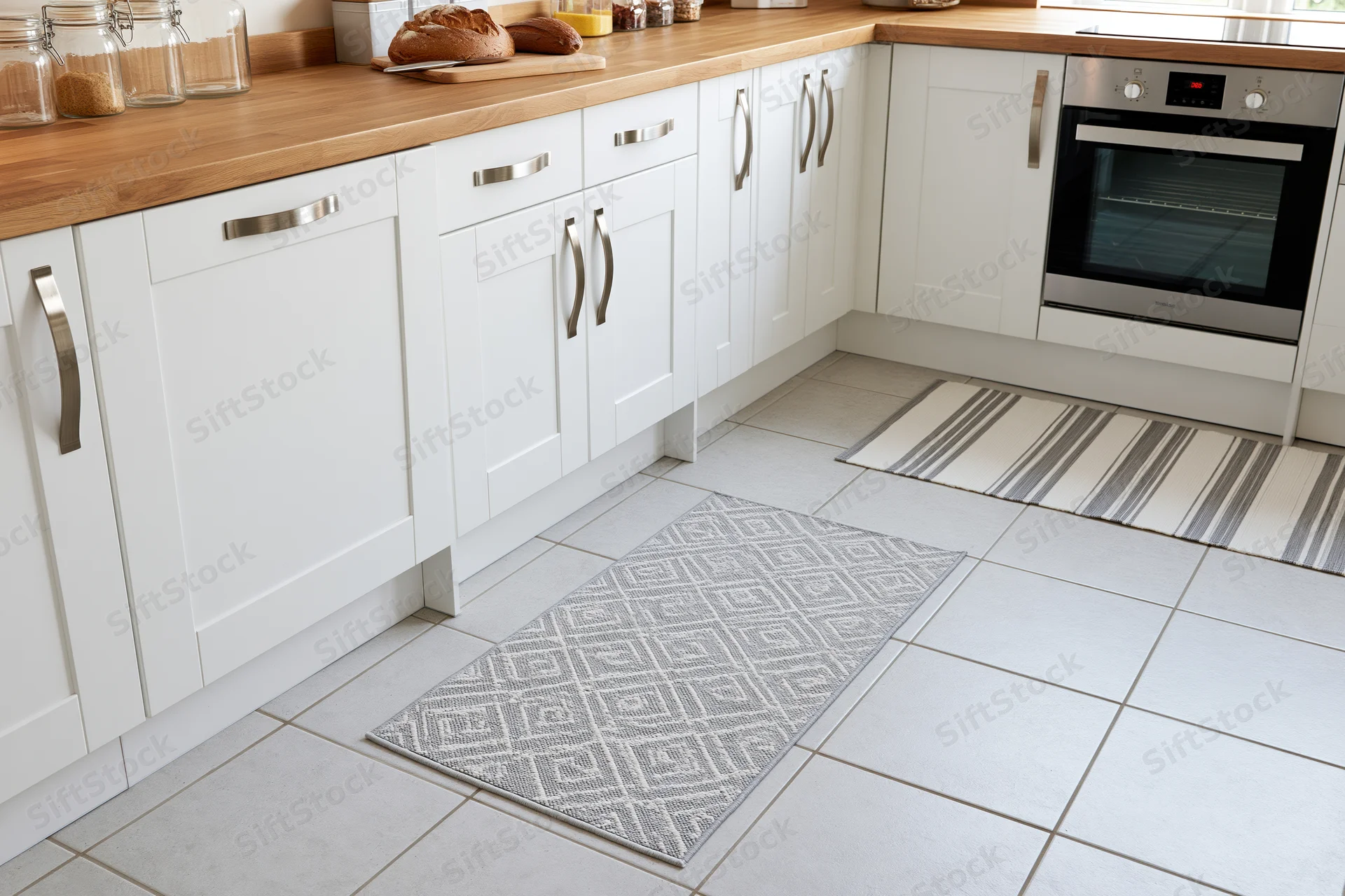 Modern white kitchen with wooden countertops and built-in oven viewed from above at slight angle