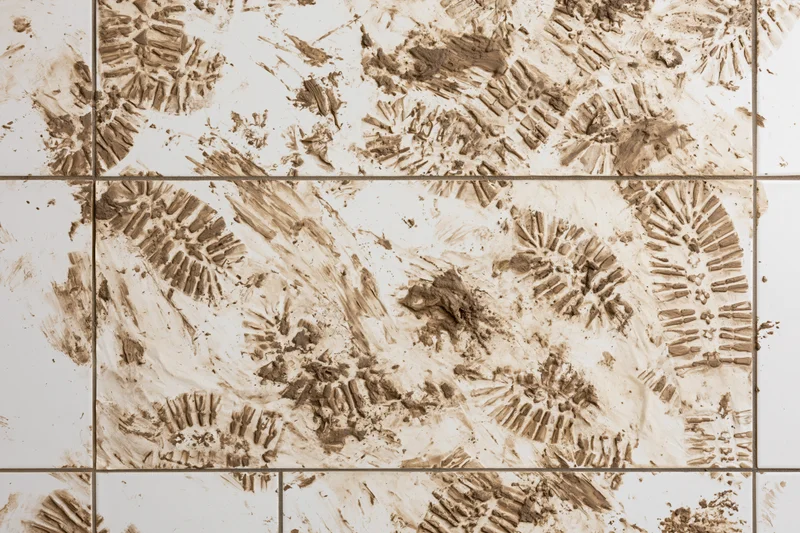 Muddy shoeprints and dirt smears scattered across white ceramic tile floor