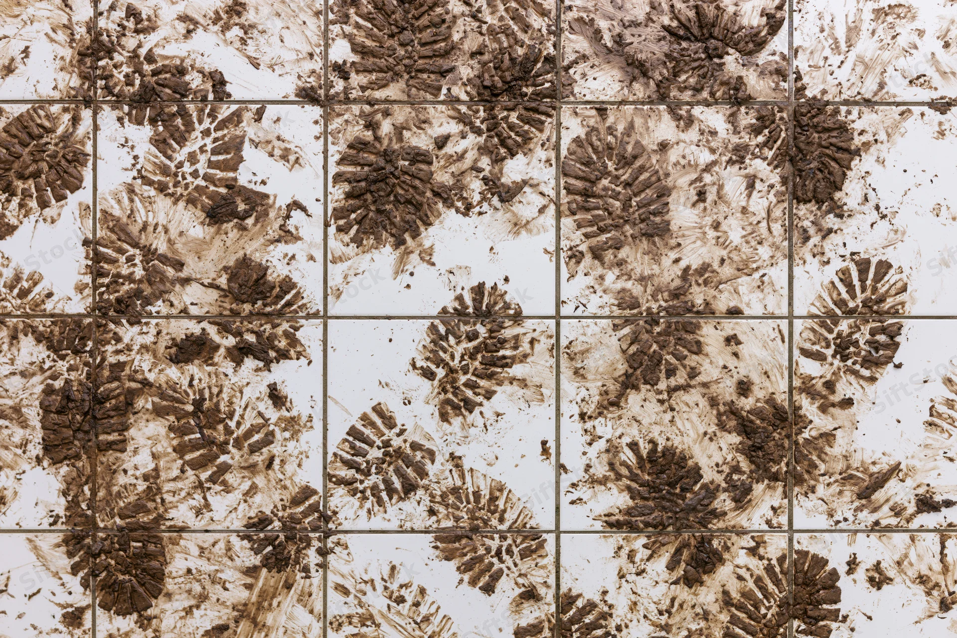 Muddy shoe prints and dirt smears scattered across white ceramic tiles in a grid pattern