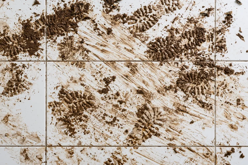 Muddy shoeprints and dirt smears scattered across white ceramic tile floor