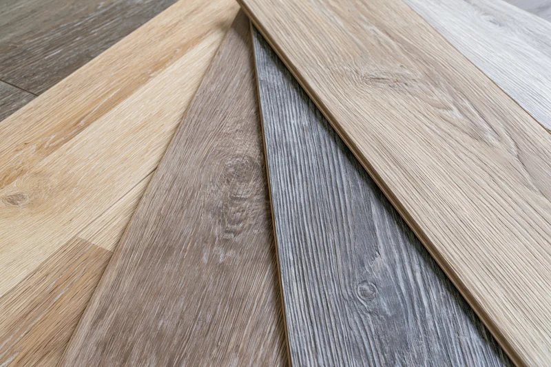 Wood flooring sample planks fanned out diagonally for display