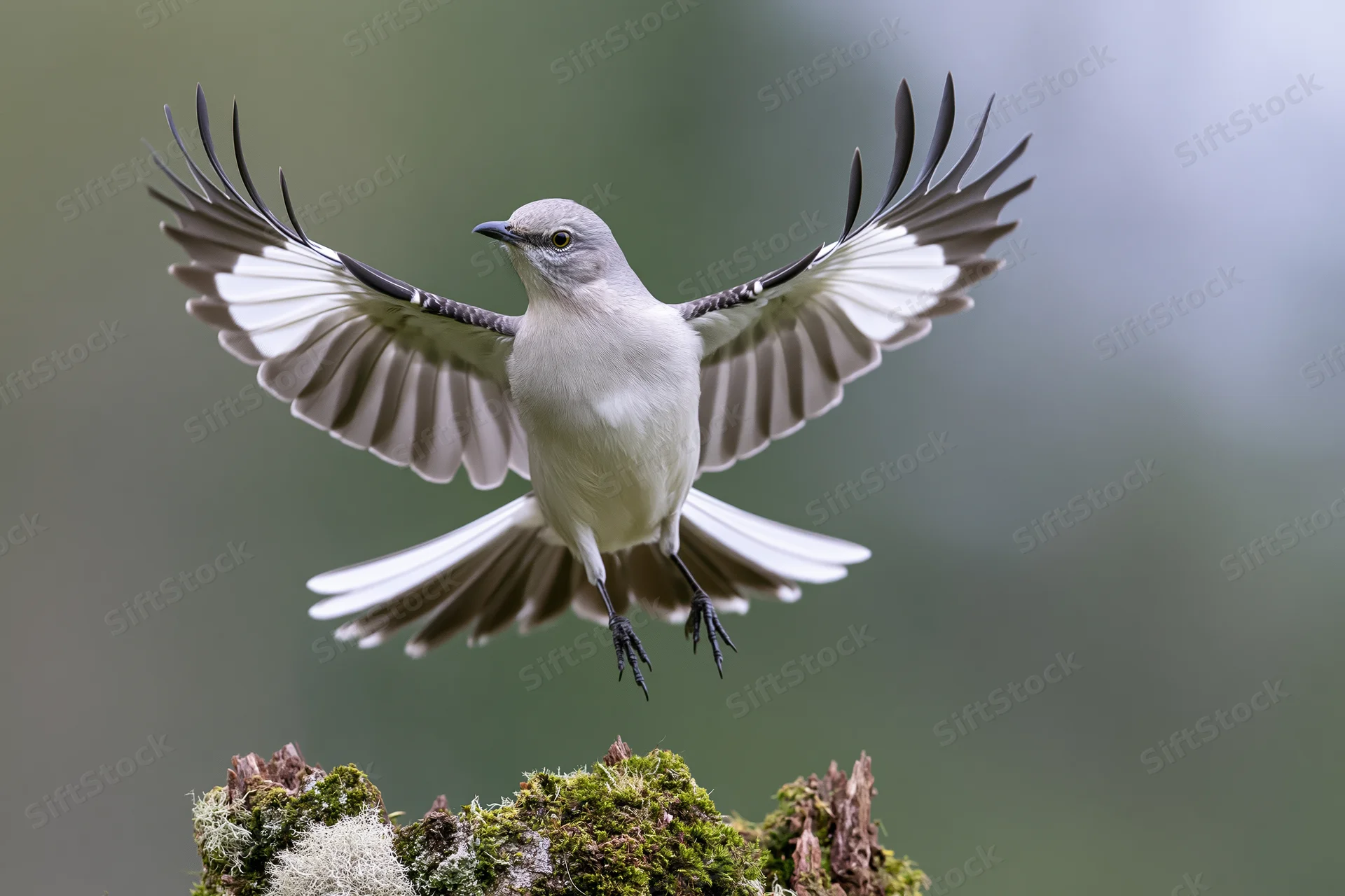 Northern mockingbird landing on a moss-covered dead tree stump with wings spread