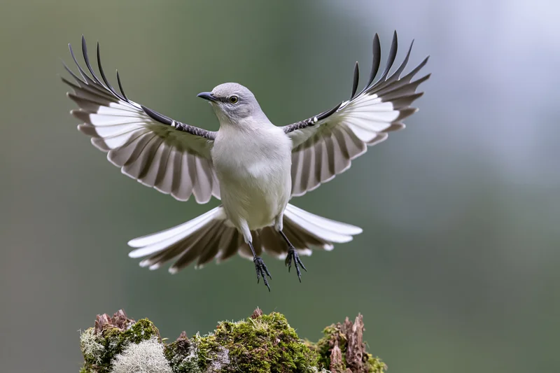 Northern mockingbird landing on a moss-covered dead tree stump with wings spread