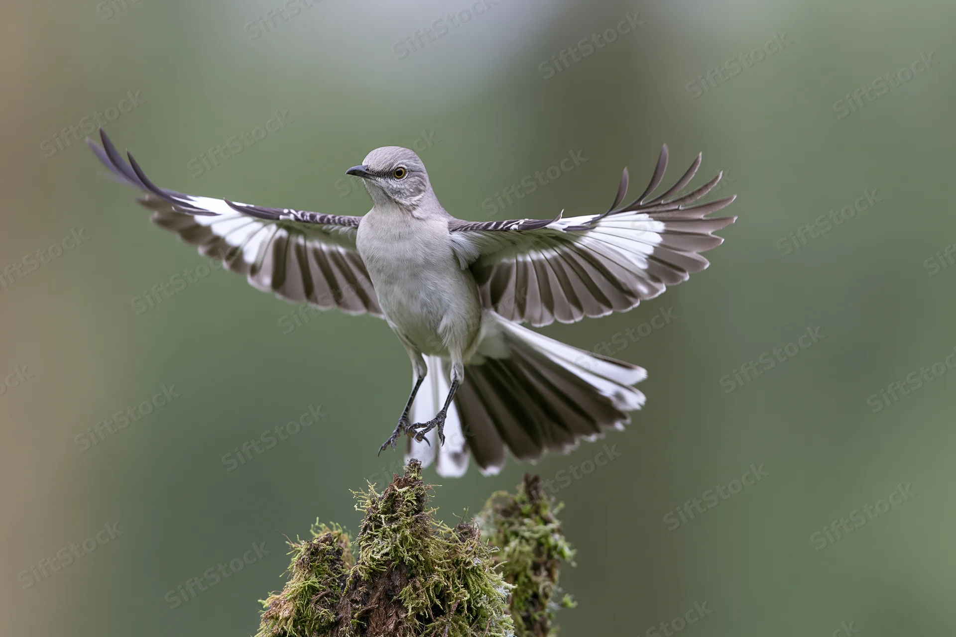 Northern mockingbird landing with wings spread on a moss-covered dead tree stump