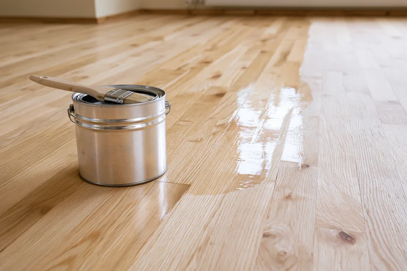 Open metal paint can with brush resting inside on a wooden floor showing glossy finish application