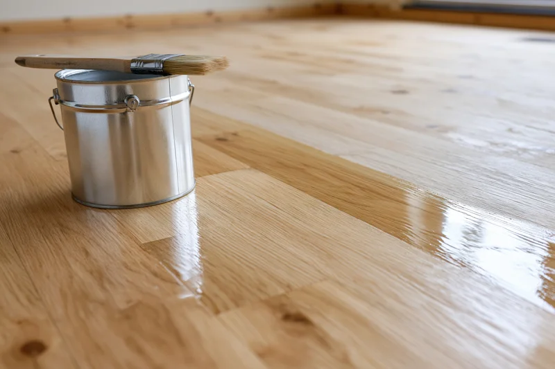 Metal paint can with brush resting on top on a glossy wooden floor