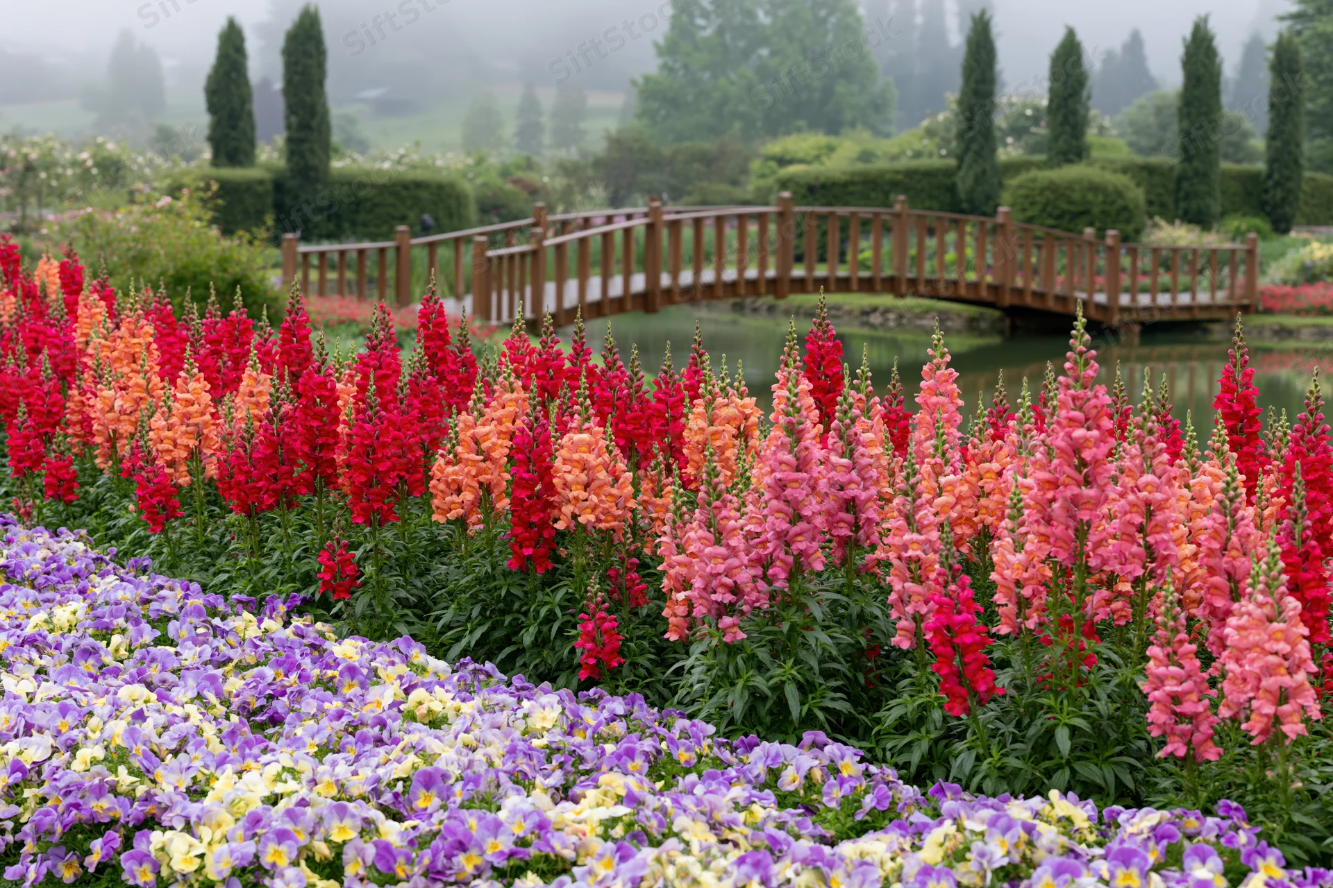 Dense beds of snapdragons in red, orange, pink and purple arranged in rows beside a wooden bridge over a pond in an ornamental garden