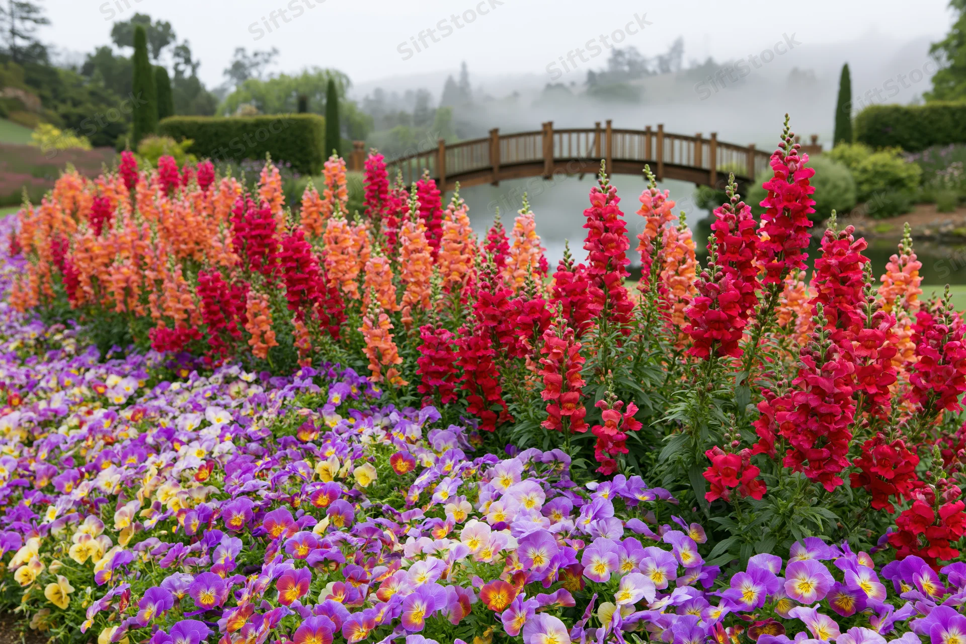 Dense beds of snapdragons and pansies in red, orange, pink, purple, and yellow arranged in an ornamental garden with a wooden bridge over a misty pond