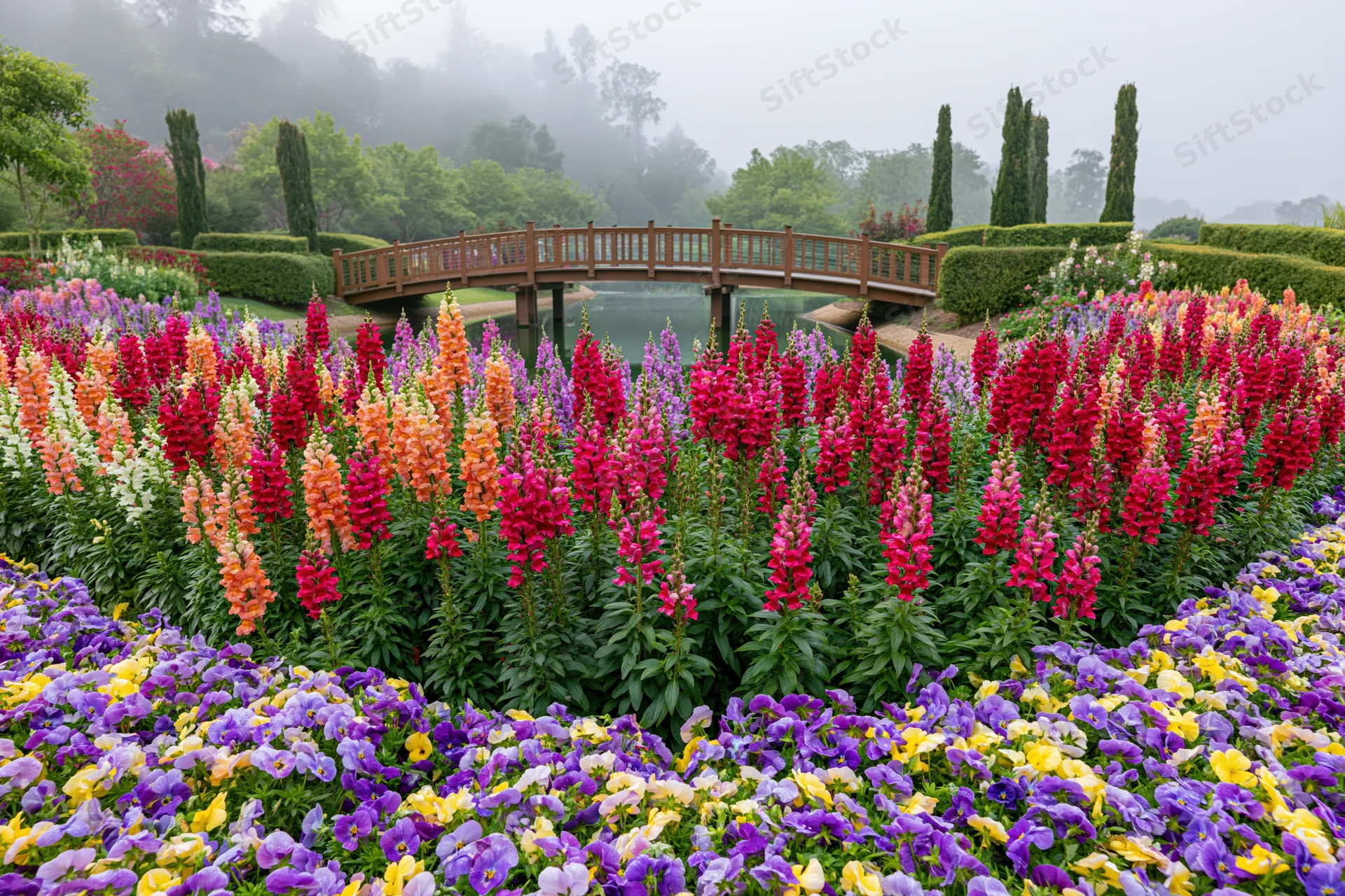 Dense beds of snapdragons in red, orange, pink, purple, and yellow arranged in an ornamental garden with a wooden bridge over a pond surrounded by hedges and greenery
