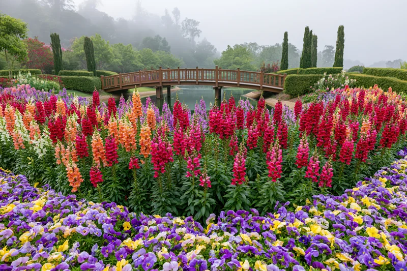 Dense beds of snapdragons in red, orange, pink, purple, and yellow arranged in an ornamental garden with a wooden bridge over a pond surrounded by hedges and greenery
