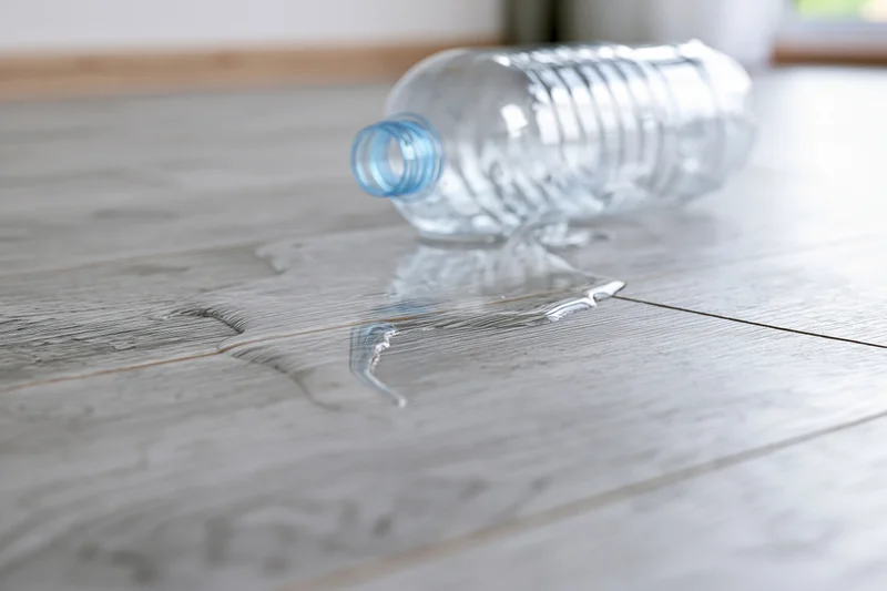 Overturned clear plastic water bottle lying on its side with spilled liquid on wooden floor