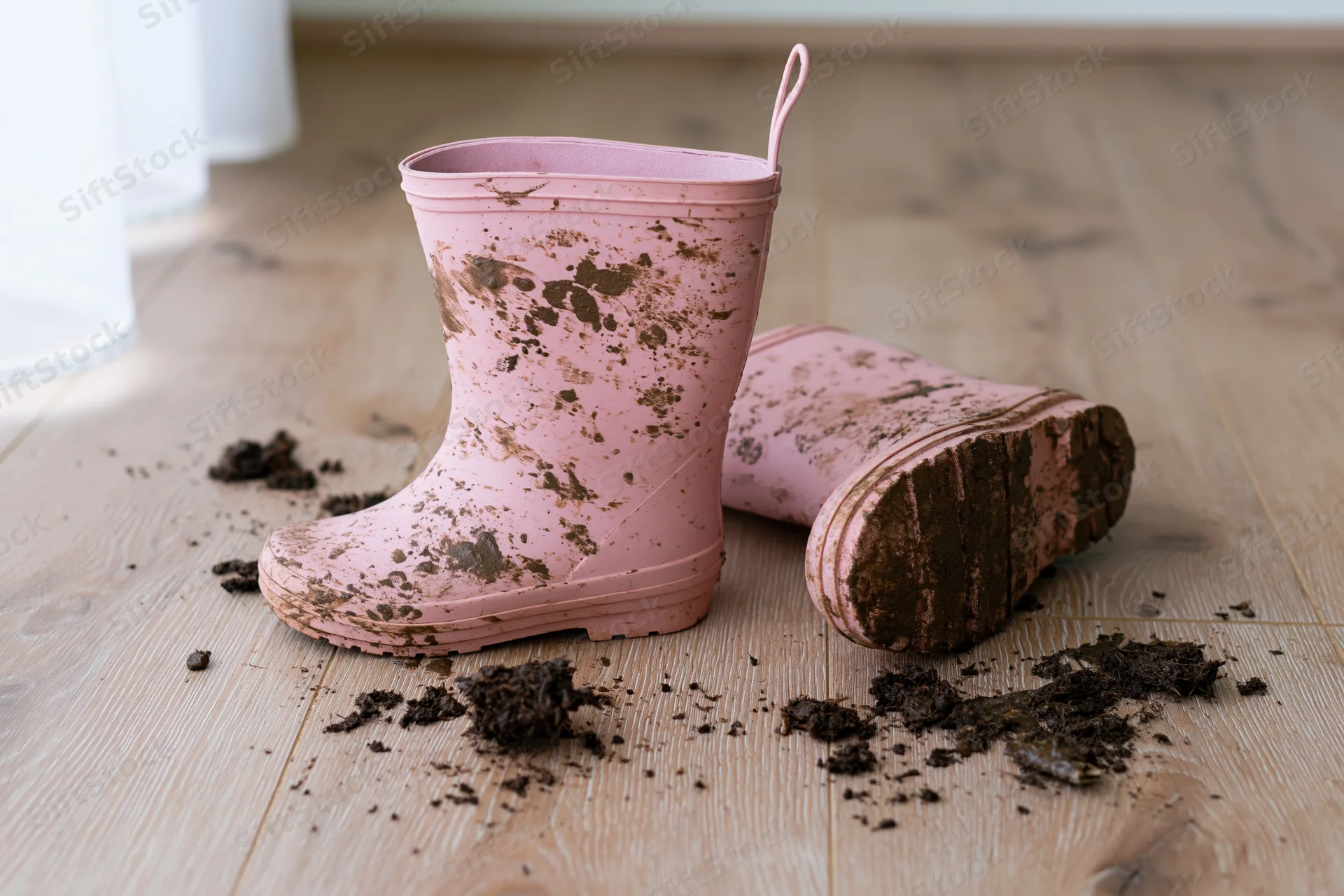 Muddy pink rubber rainboots left on light wood floor with scattered dirt