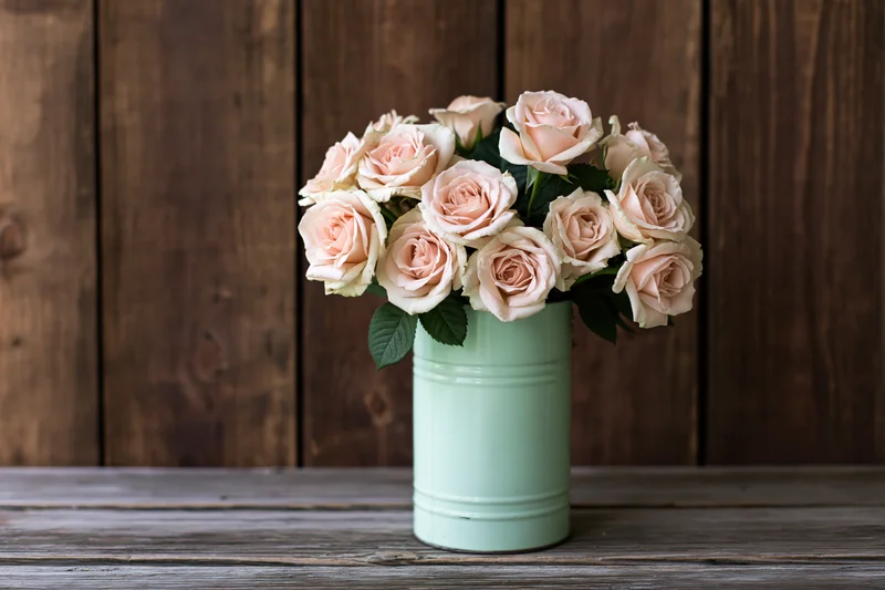 Blush roses arranged in a vintage mint-green metal milk can on a wooden table