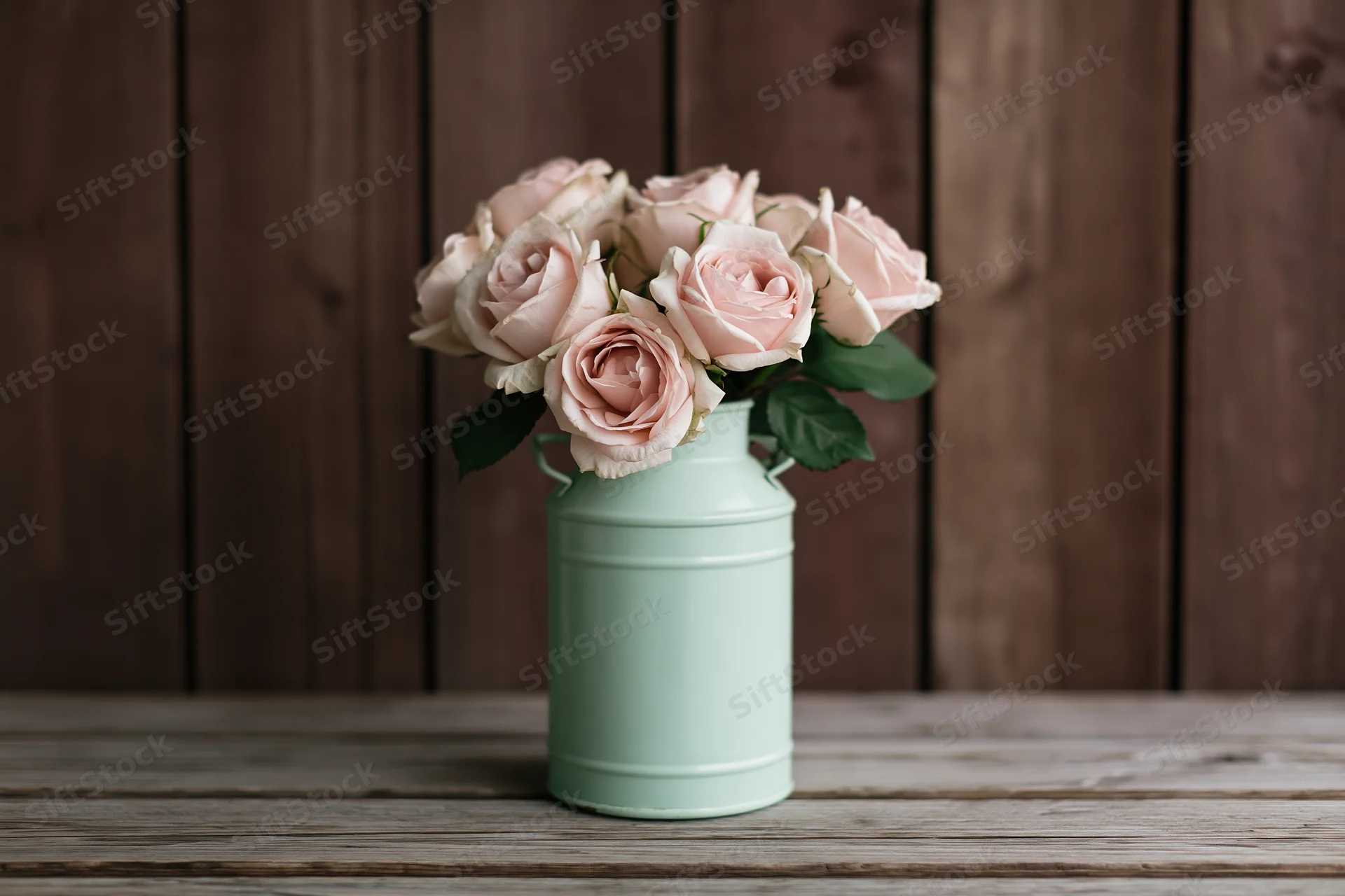Blush roses arranged in a vintage mint-green metal milk can on a wooden table