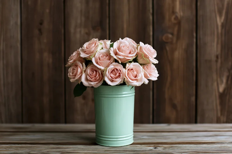 Blush roses arranged in a vintage mint-green metal milk can on a wooden table
