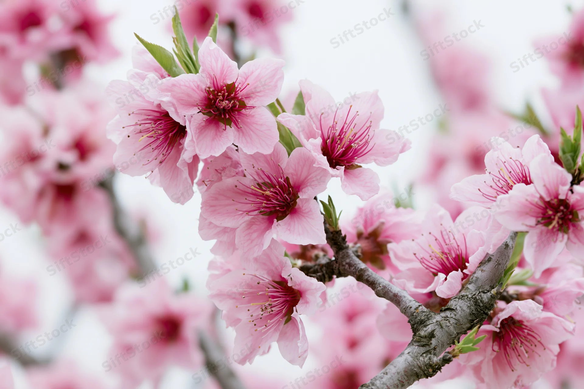Peach or cherry blossom branch with open pink flowers in spring bloom