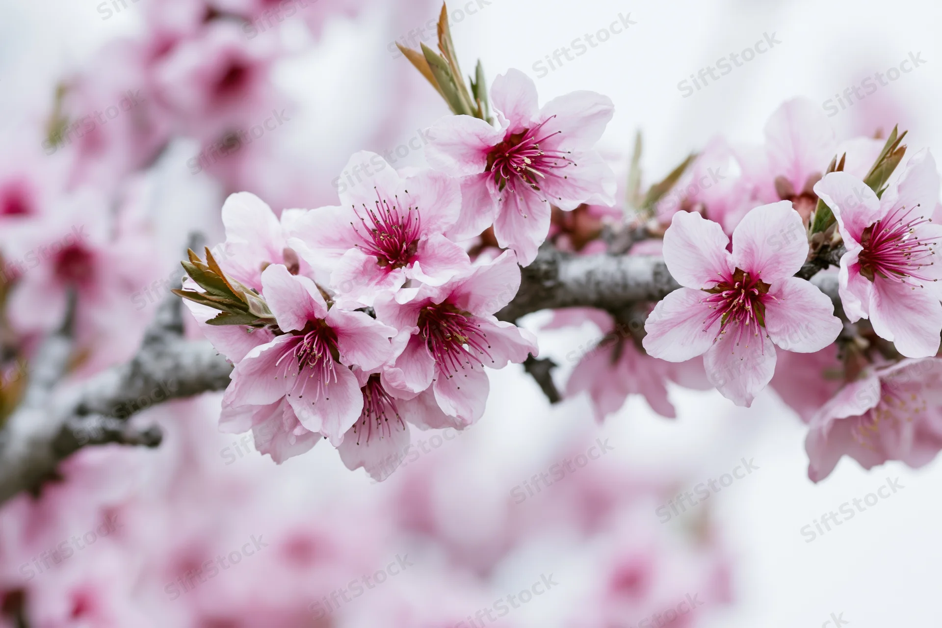 Pink blossoms blooming on a tree branch in spring garden