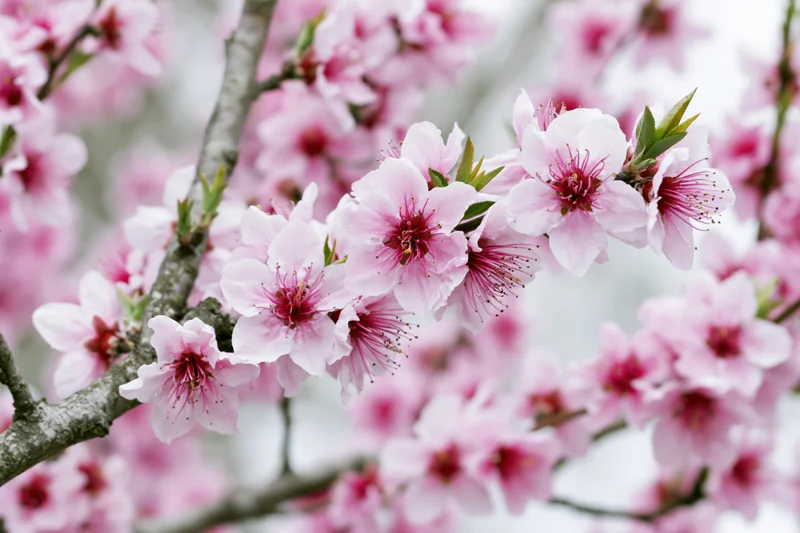 Pink blossoms blooming on a tree branch in spring garden