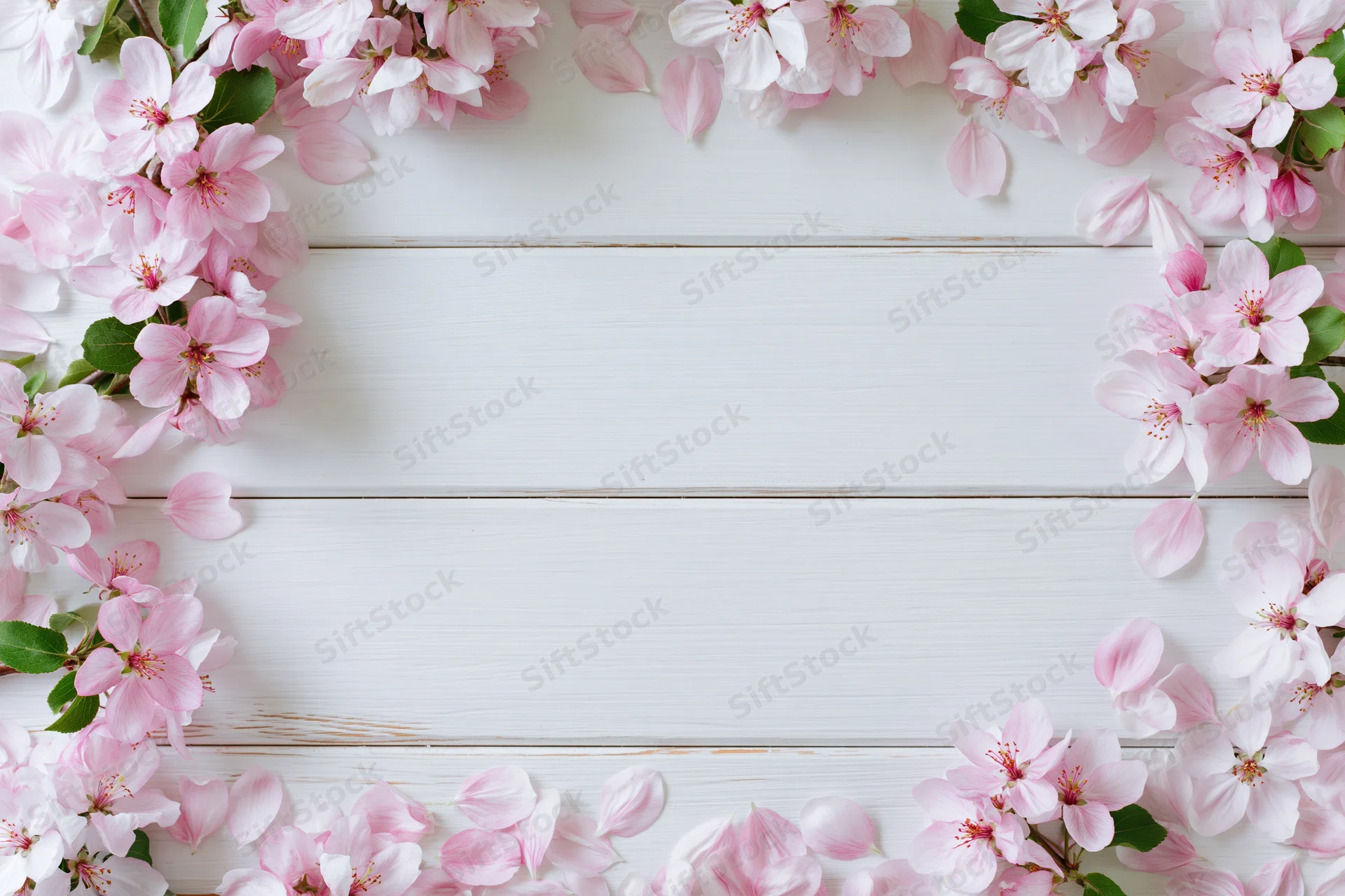 Pink apple blossoms and petals arranged in a frame on a white wooden surface