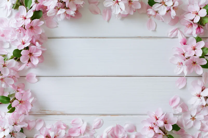 Pink apple blossoms and petals arranged in a frame on a white wooden surface