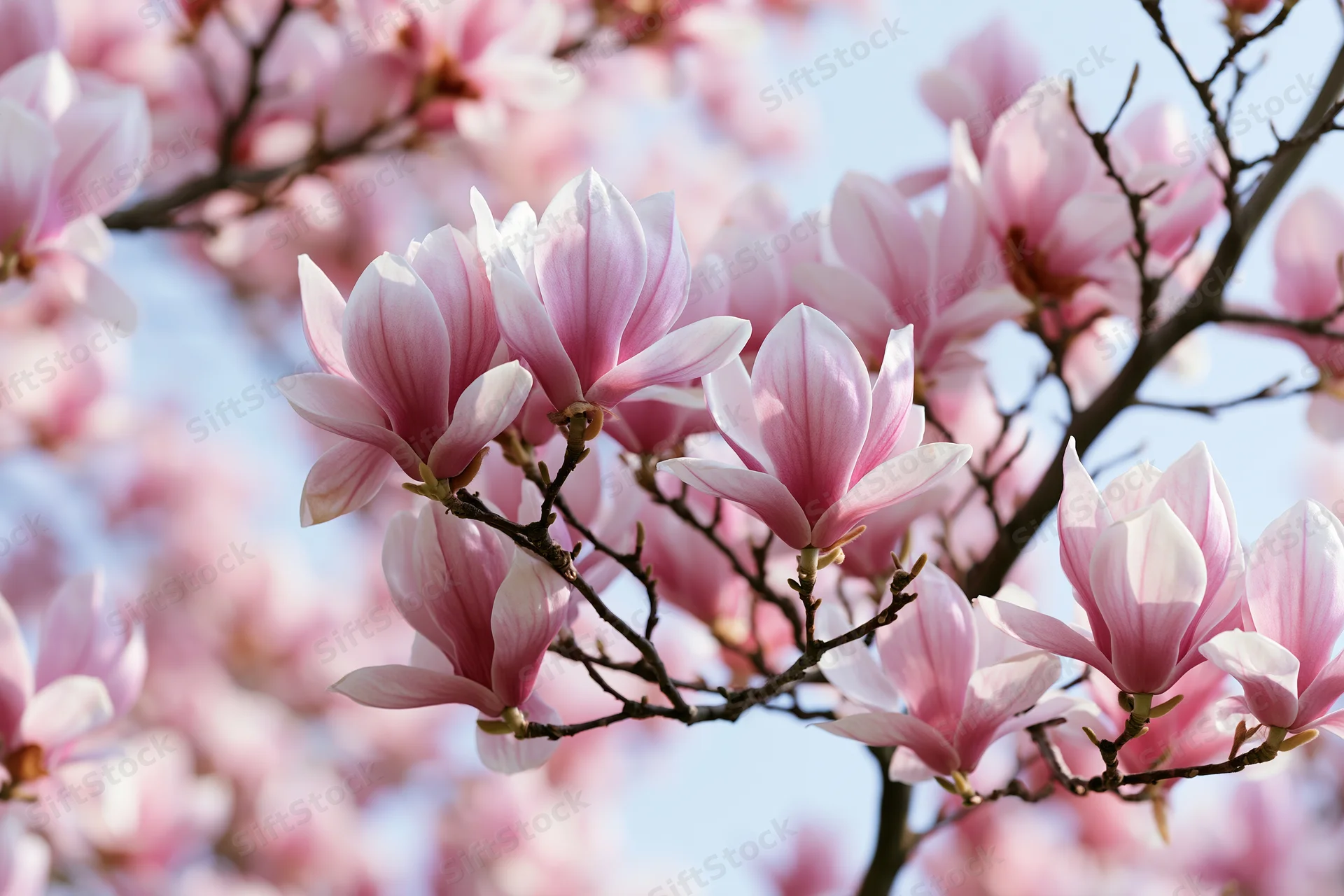 Pink magnolia blossoms clustered on bare dark branches against a light blue sky