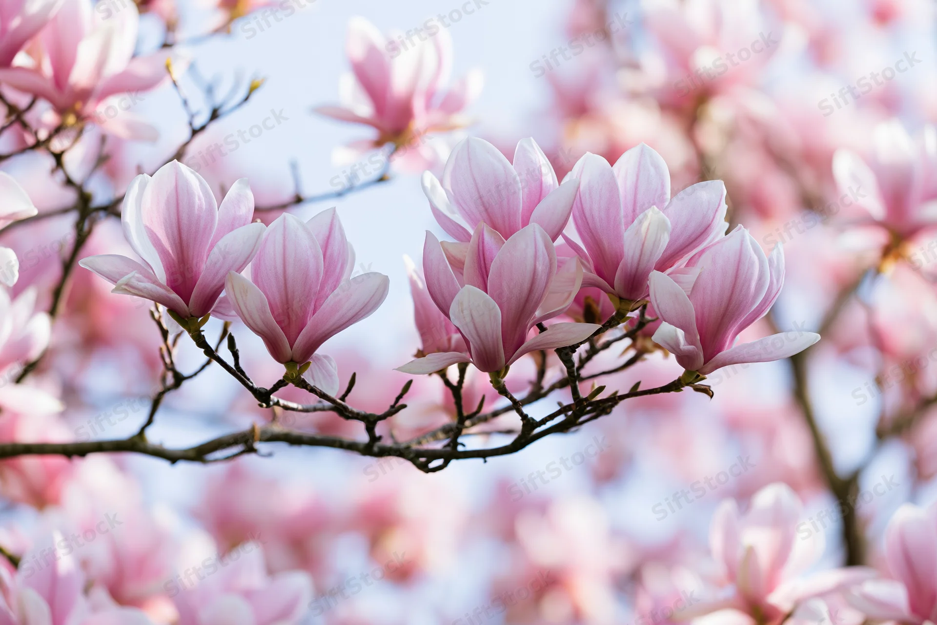 Pink magnolia blossoms clustered on bare dark branches against a soft blue sky