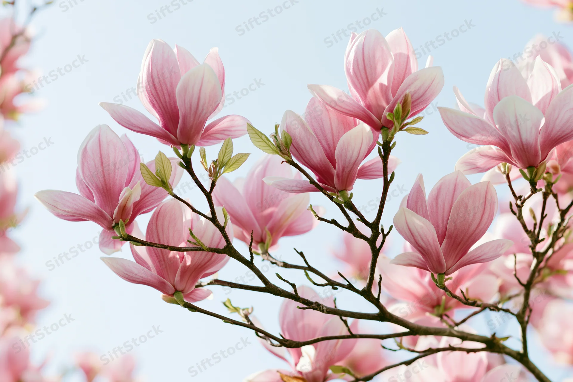 Pink magnolia blossoms in full bloom on branches against a clear sky