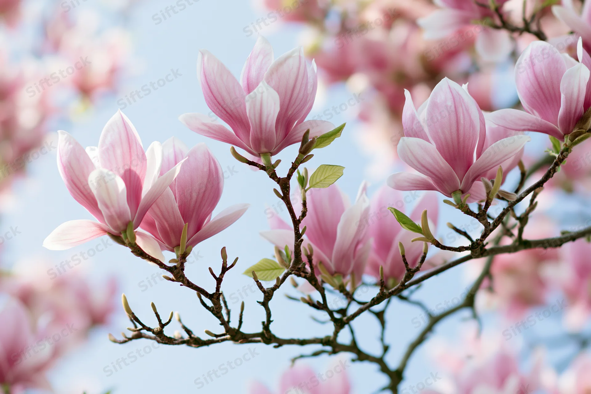 Pink magnolia blossoms in full bloom on a branch against a blue sky