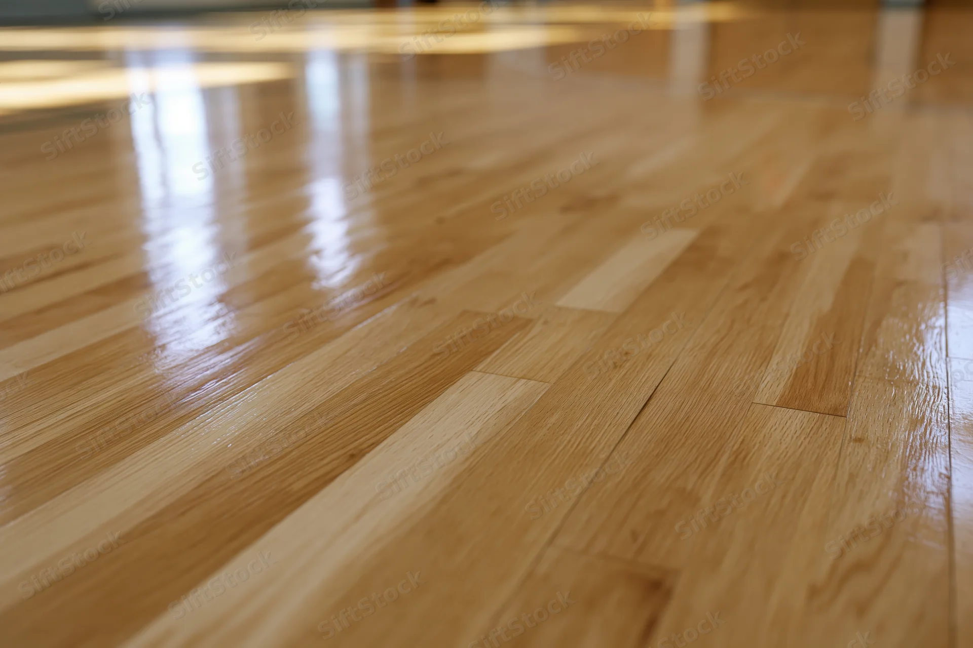 Polished hardwood gymnasium floor stretching into the distance with reflective surface and wood grain pattern