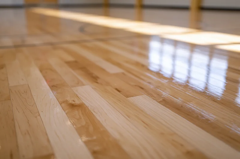 Polished hardwood gymnasium floor stretching into the distance with light reflections and wood grain visible