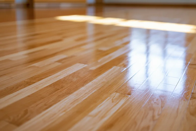 Polished hardwood gymnasium floor stretching into the distance with sunlight reflections