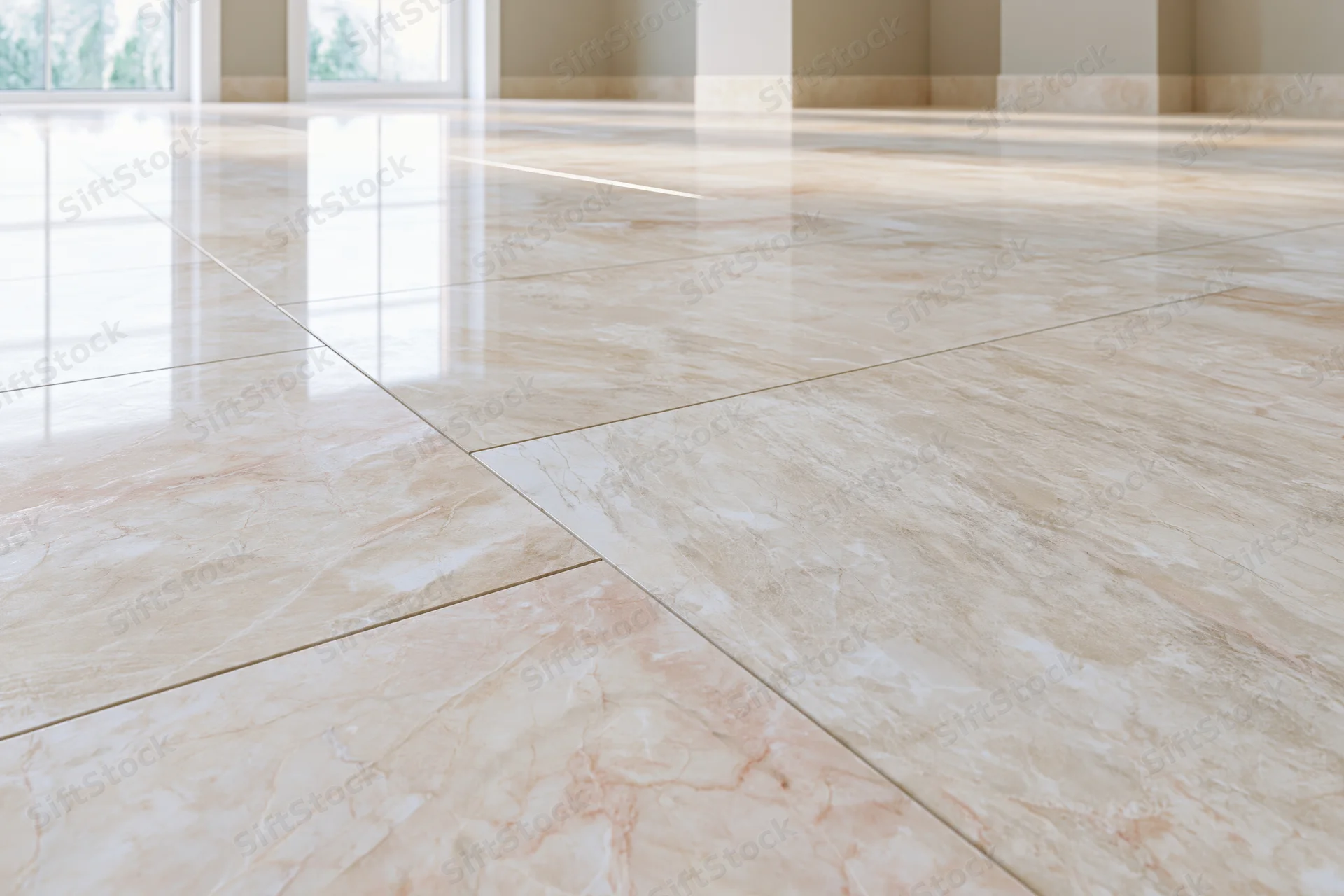 Polished marble tile floor stretching toward windows in a spacious interior